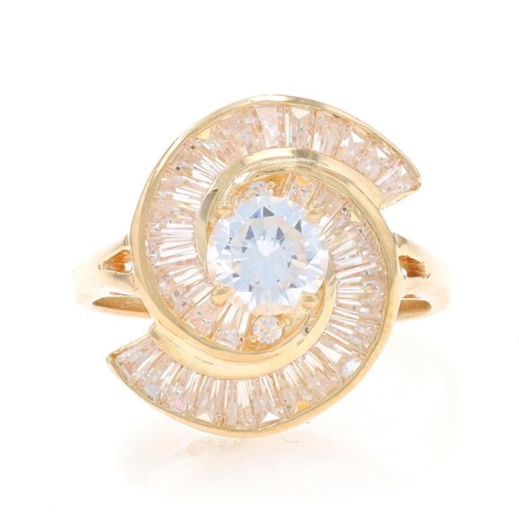 Yellow Gold Cubic Zirconias Spiral Ring 14k Round and Baguette 3.00ctw Swirl - Picture 1 of 6